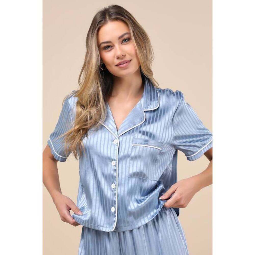Lulus Anyssa Blue Striped Satin Two-piece Pajama Set - Size XS